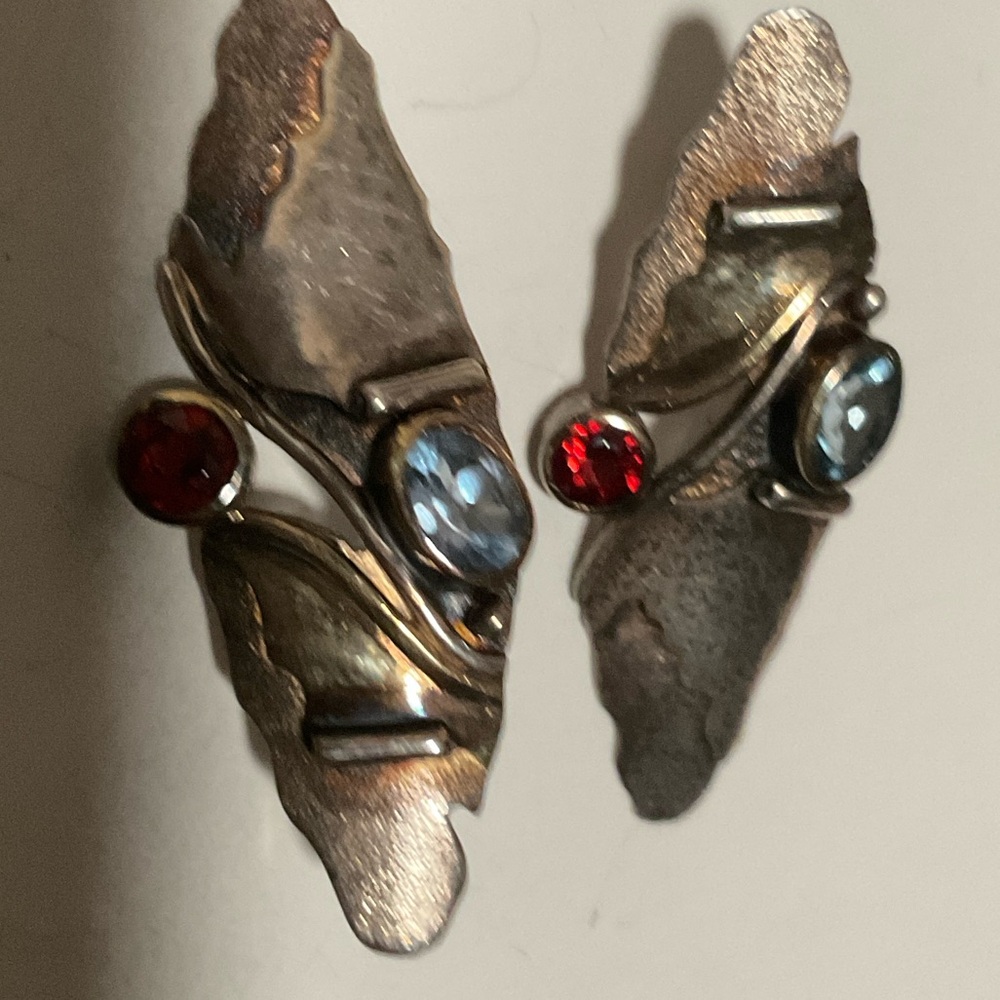 VINTAGE STERLING Silver 925 and Gold Leaf Earrings with Red GARNET, Blue TOPAZ - Picture 2 of 8